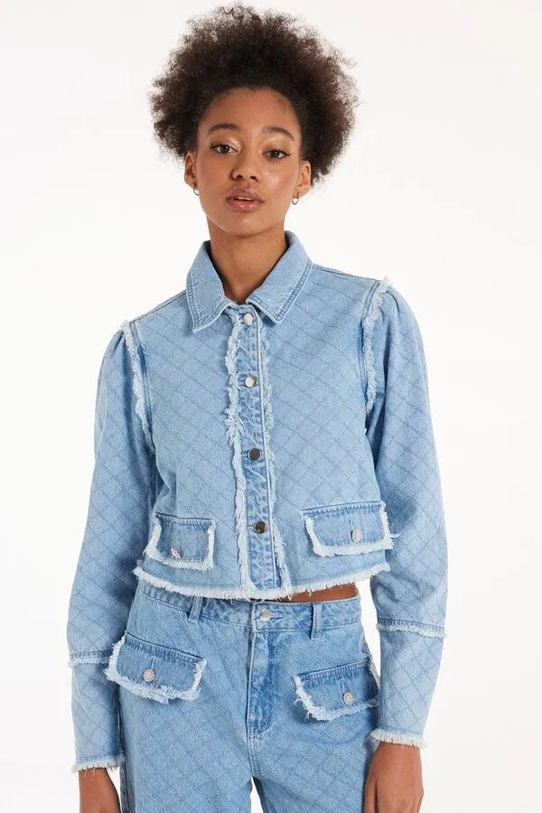 Giacca Corta in Denim Effetto Matelassé