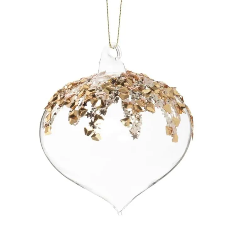Pallina di Natale a goccia in vetro trasparente con brillantini e strass dorati - Lotto di 6