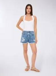 Shorts jeans con stelle e strappi Blu denim medio