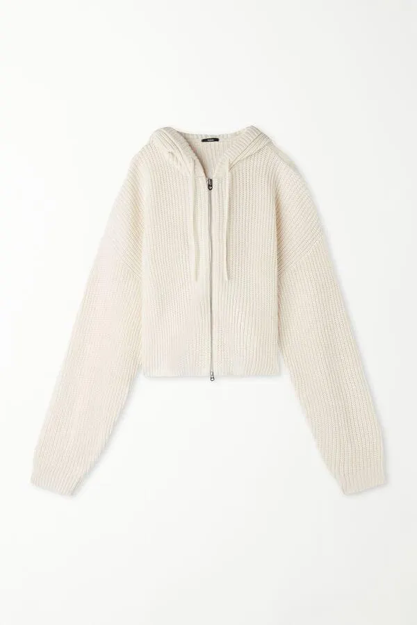 Maglia Felpa Corta Manica Lunga Cappuccio a Costine con Zip