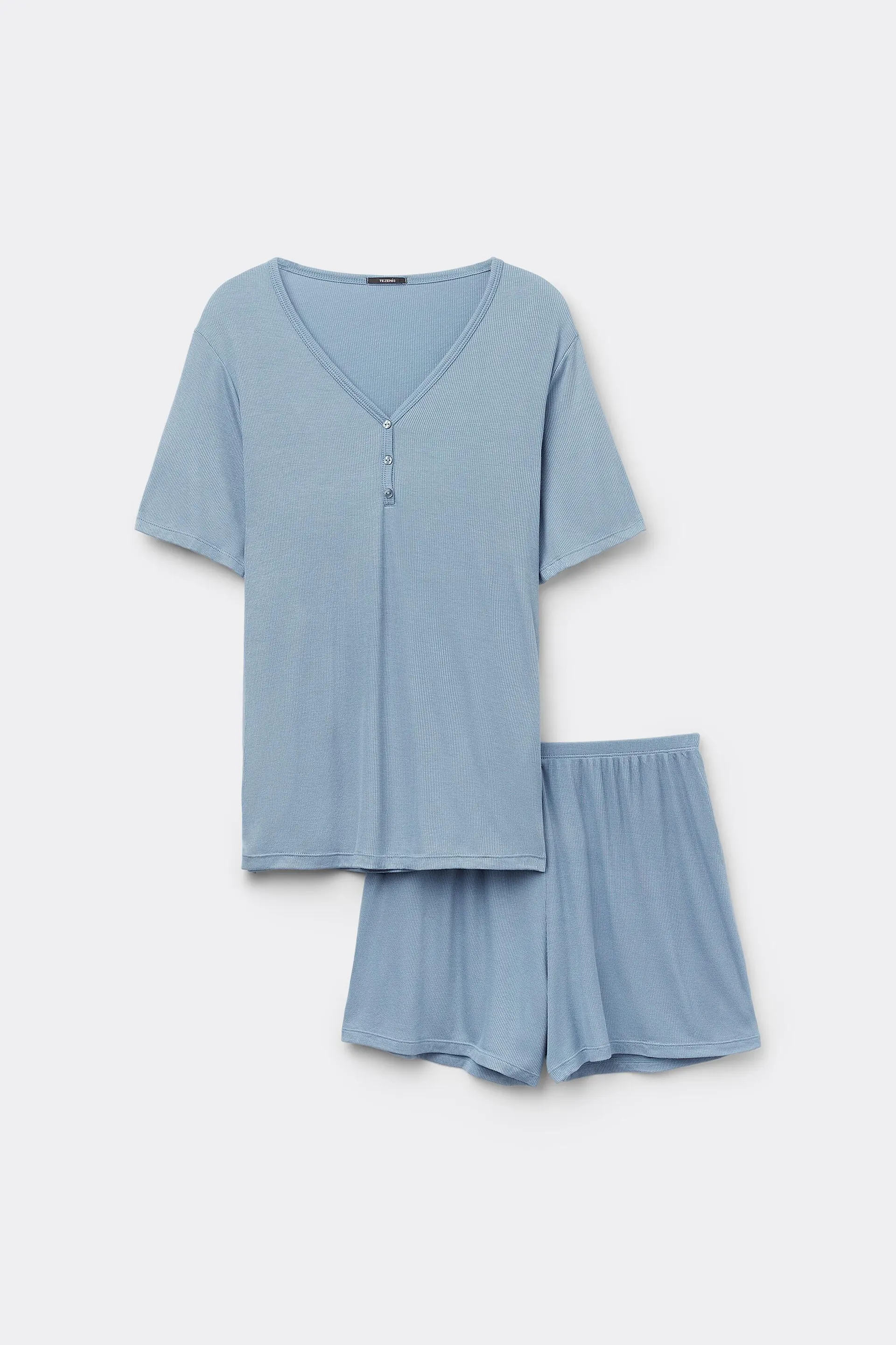 Pigiama Corto Viscosa a Costine con Scollo a V Serafino