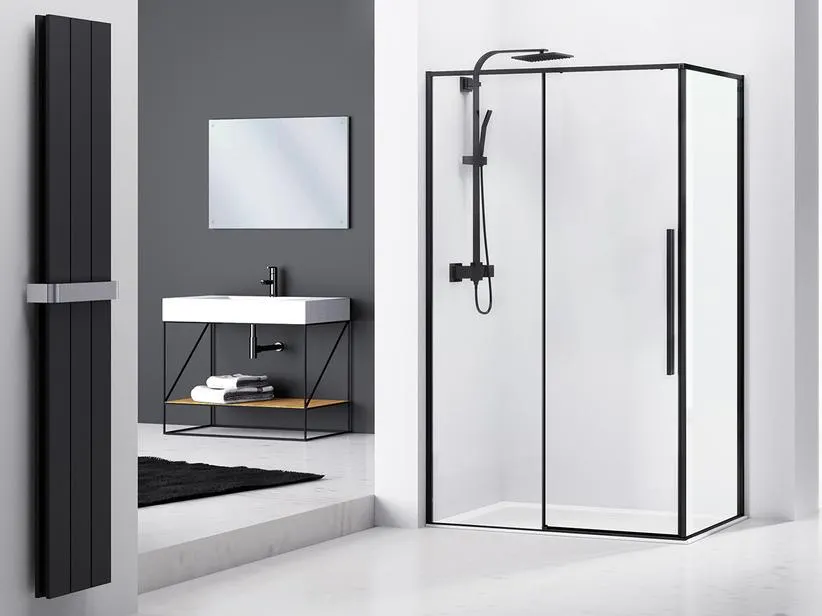 Box Doccia Angolare Feng shui 80x120 H200 Porta Scorrevole e Lato Fisso Cristallo 6 mm Trasparente Nero opaco