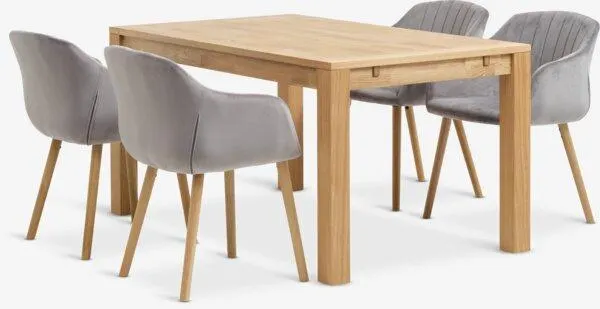 HAGE Tavolo L150 cm rovere + 4 ADSLEV Sedie velluto grigio