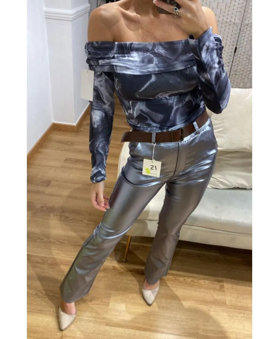 Pantalone spalmato argento elasticizzato