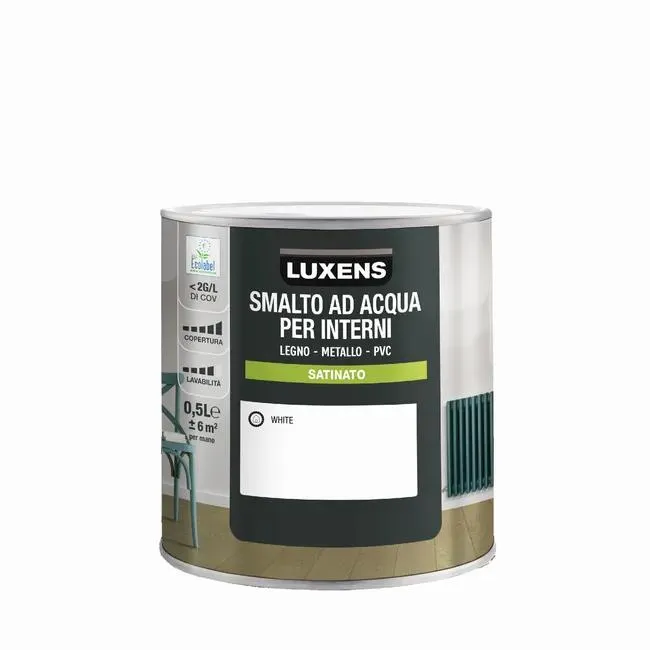 Smalto da interno per boiserie e finestra e porta e radiatore e mobile super lavabile, LUXENS bianco white satinato, 0.5 L