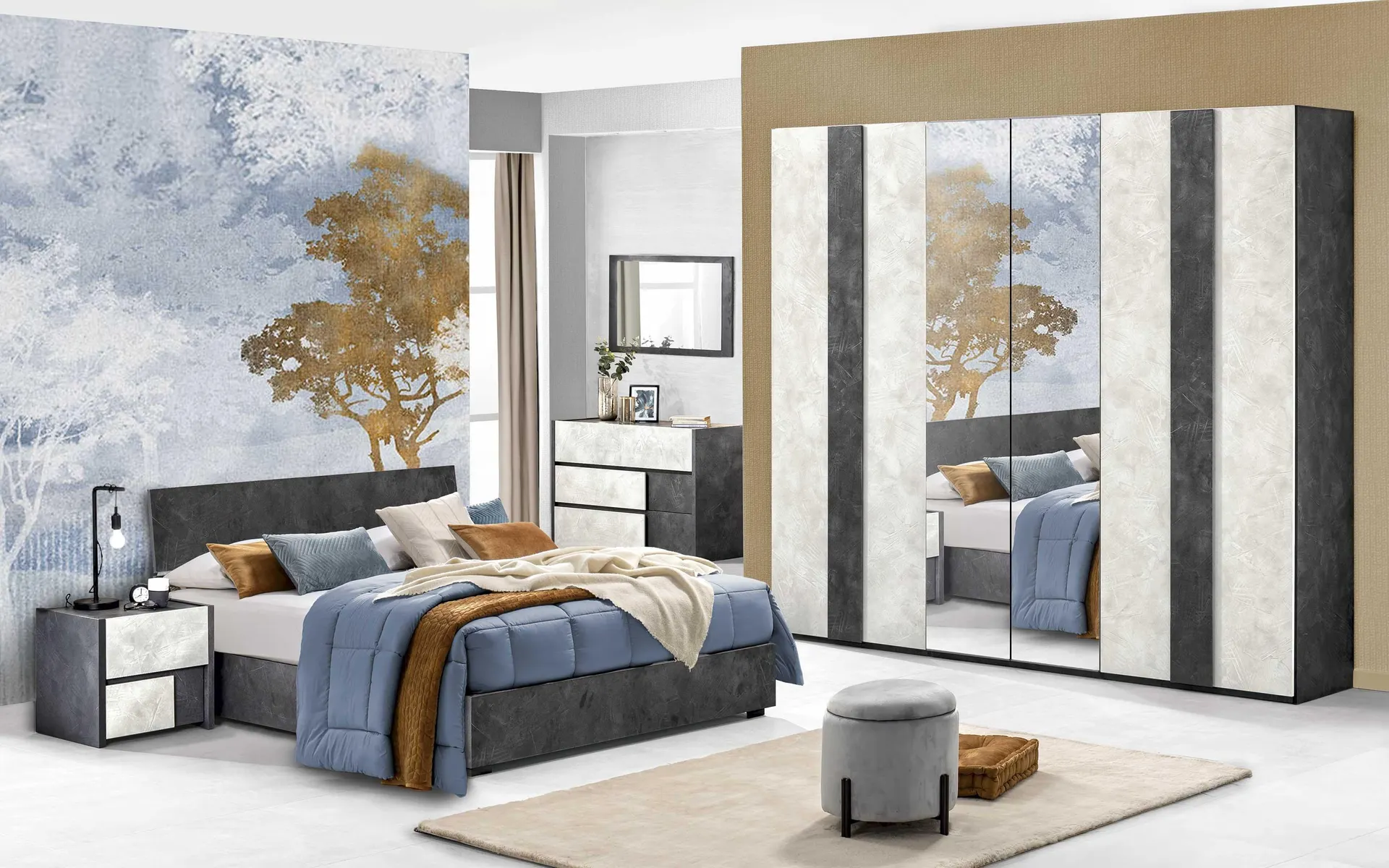 Camera 6 ante battenti con specchio centrale chiusura rallentata con letto contenitore