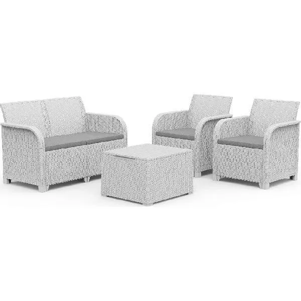 Salotto Per Esterni Rattan Bianco Un Divano Due Poltrone Con Cuscini E Tavolino Contenitore Rosalie