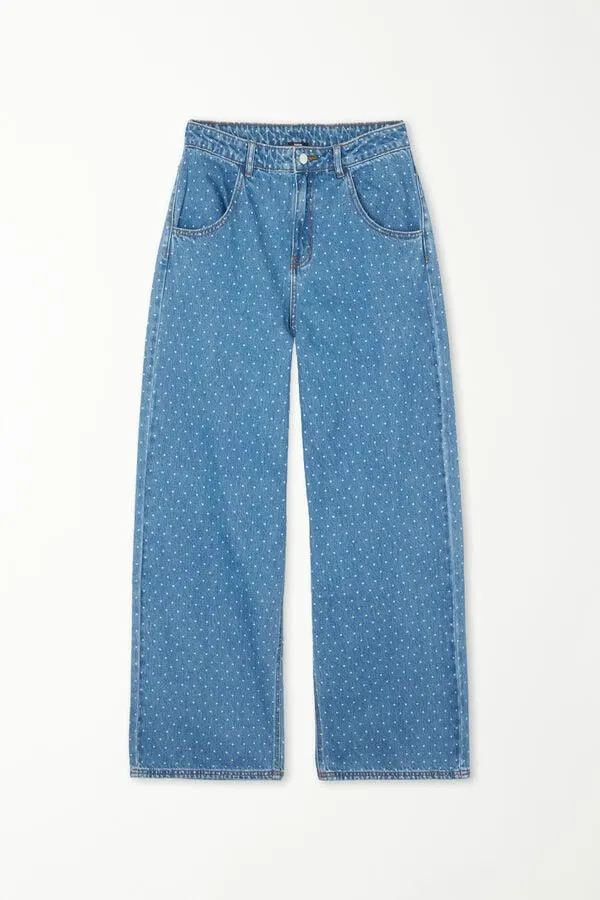 Jeans Lunghi a Palazzo con Stampa Pois