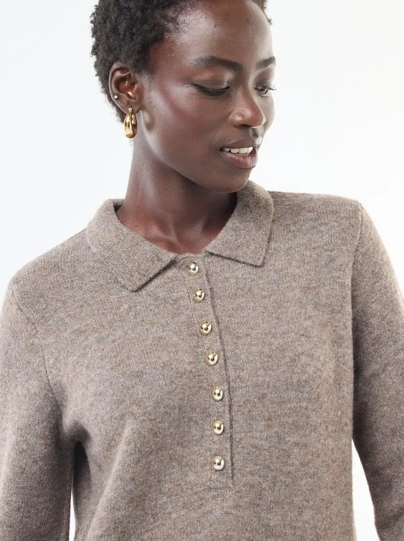 Abito maglione lungo con collo polo fantasia - Marrone