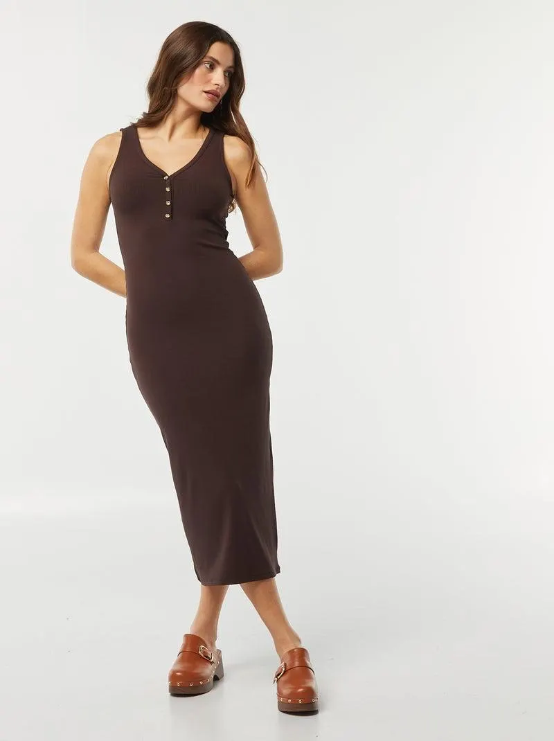 Vestito midi a coste - MARRONE