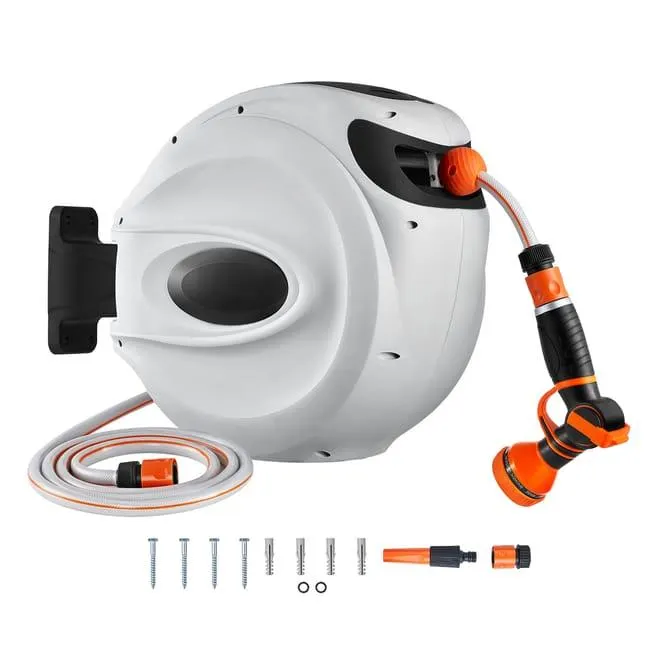 SucceBuy Avvolgitubo retrattile, 82 ft x 1/2", Supporto girevole 180°, Montaggio a muro, Ugello 9 modalità, 3 adattatori rapidi, automatico