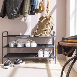 STUDIO SCAFFALE PER SCARPE IN METALLO E TESSUTO NERO SPACEO 90X35X55 CM SOVRAPPONIBILE