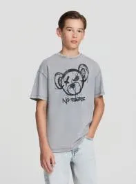T-shirt stampa orso acid wash Grigio cemento