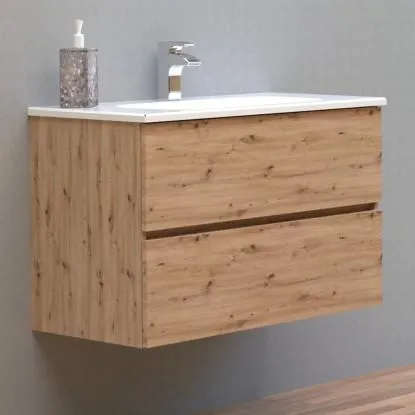 Mobile bagno con base sospeso 2 cassetti e lavabo in ceramica 6x46 cm rovere