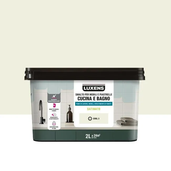 Smalto da interno per mobile e piastrelle super lavabile, antimacchia, LUXENS Cucina e Bagno bianco cool 3 satinato, 2 L