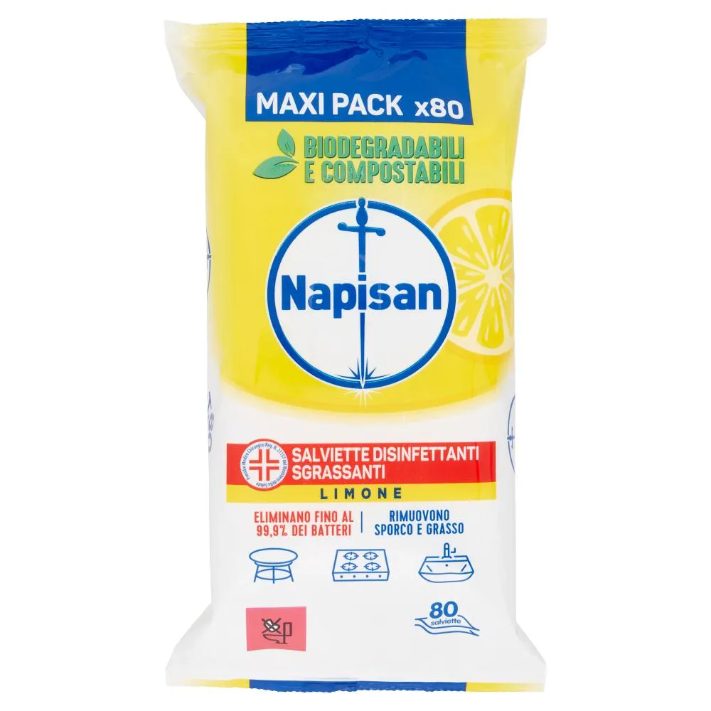 Napisan Salviette Disinfettanti Sgrassanti Limone Biodegradabili 80 pz