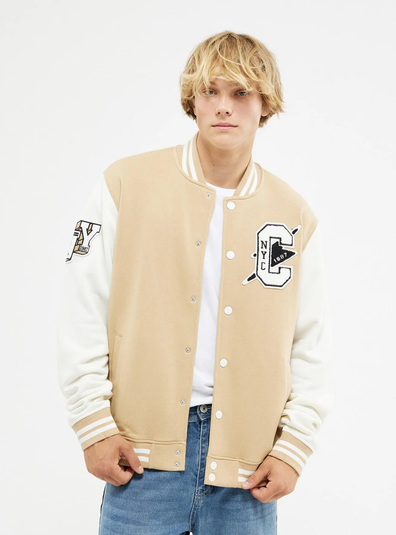 Bomber college con lettere Beige chiaro