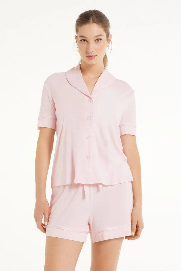 Pigiama Corto Mezza Manica Aperto in Viscosa con Profili Raso