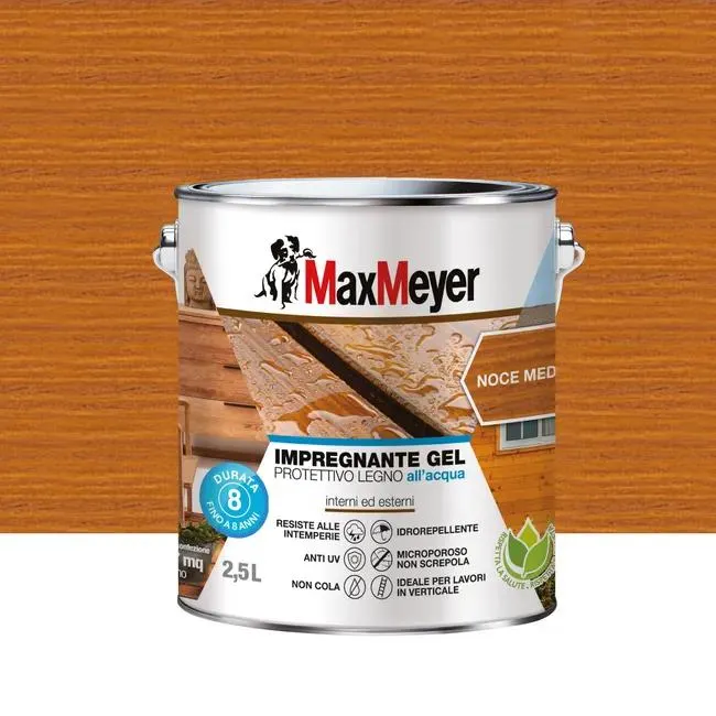Impregnante per legno da esterno a base acqua MAXMEYER Gel noce medio opaco 2.5 lt, 8 anni di protezione.