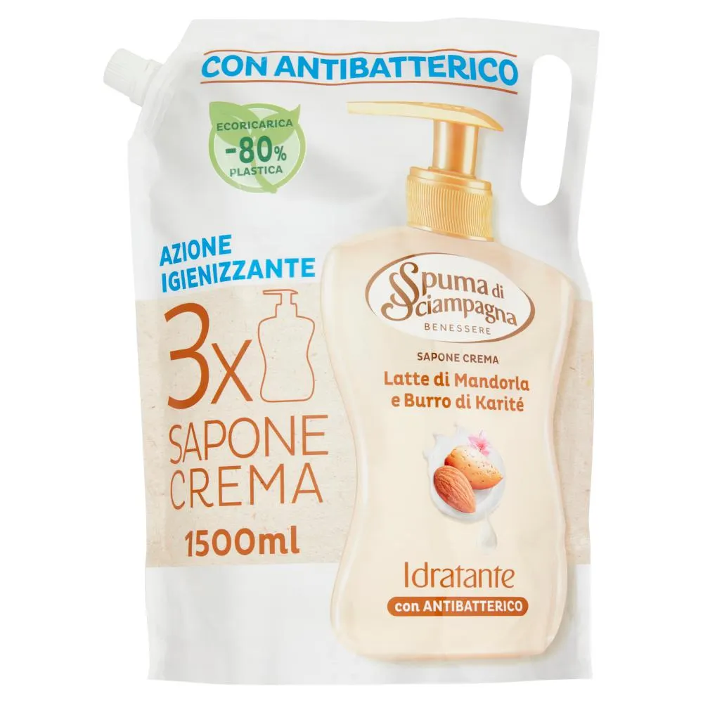 Spuma di Sciampagna Benessere Idratante Sapone Crema Latte Mandorla Burro Karité Ecoricarica 1500ml