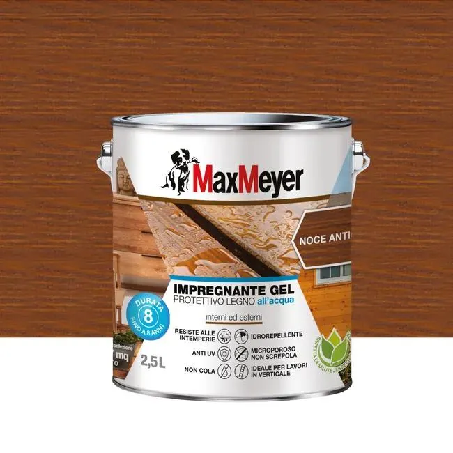 Impregnante per legno da esterno a base acqua MAXMEYER Gel noce antico opaco 2.5 lt, 8 anni di protezione.