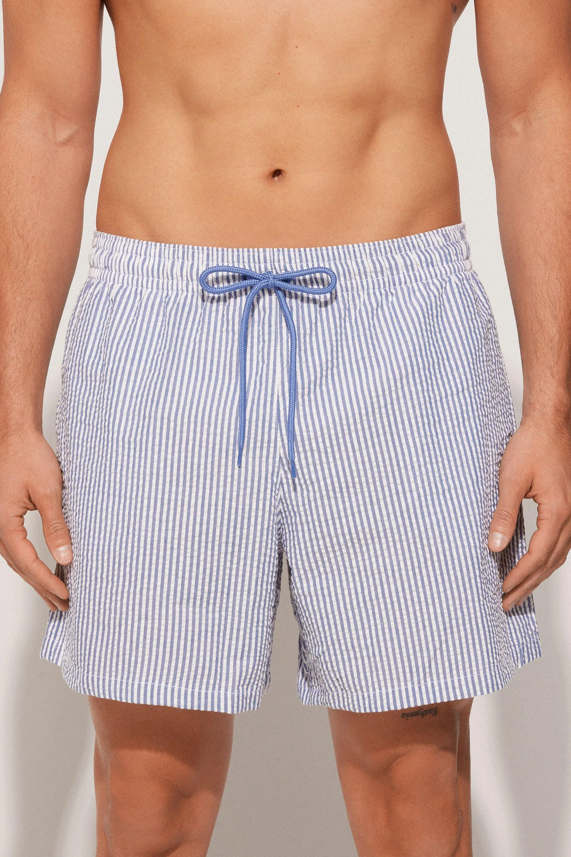 Costume Boxer a Righe Effetto Goffrato con Tasche