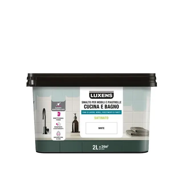 Smalto da interno per mobile e piastrelle super lavabile, antimacchia, LUXENS Cucina e Bagno bianco white satinato, 2 L