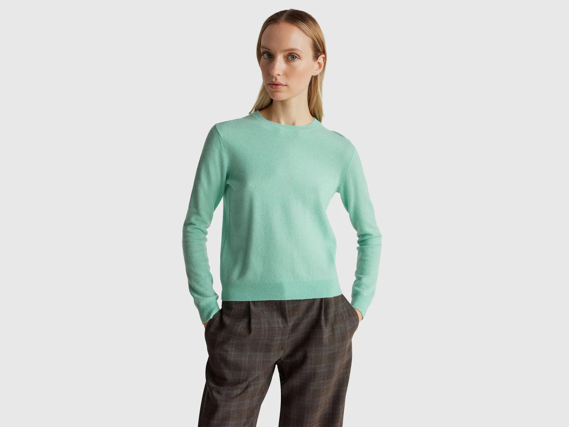 Maglia girocollo verde chiaro in lana Merino