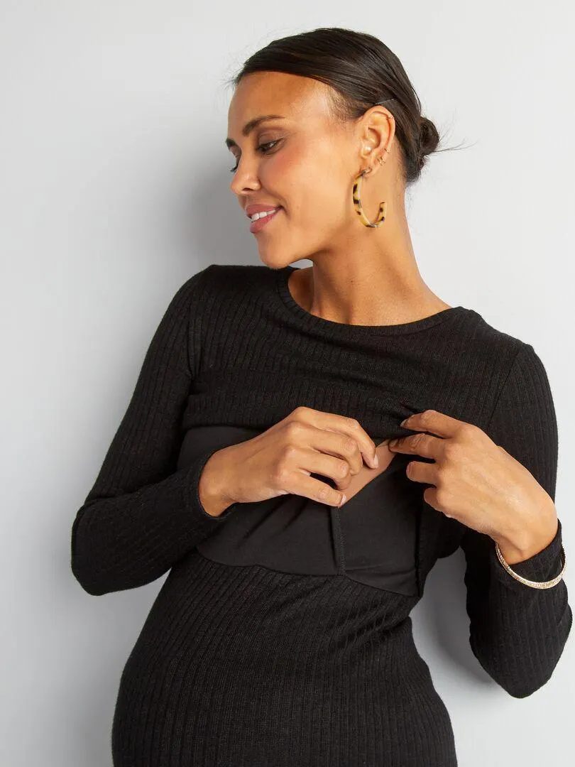 T-shirt per l'allattamento a coste - nero