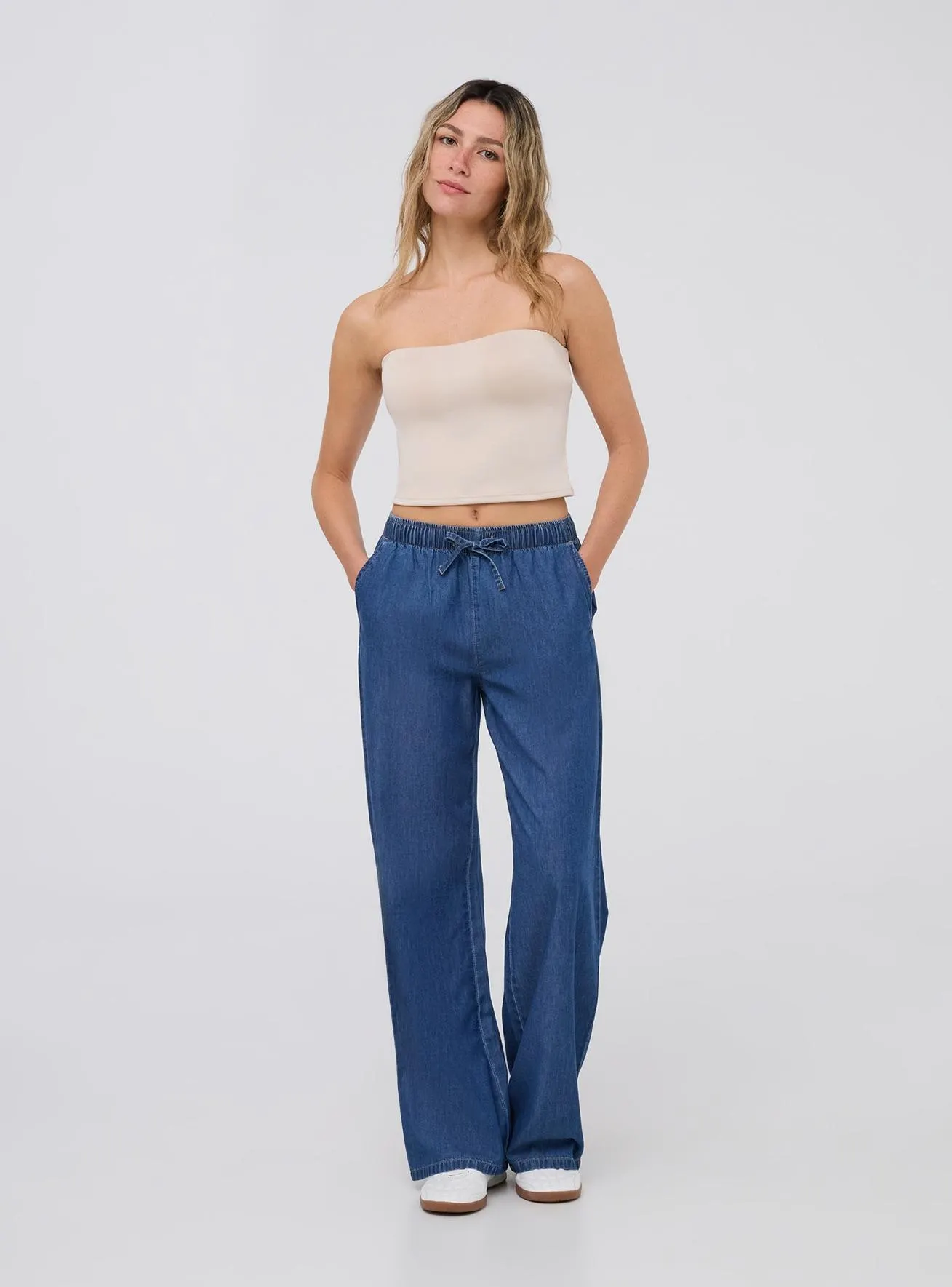 Jeans wide leg con elastico in vita Blu denim medio