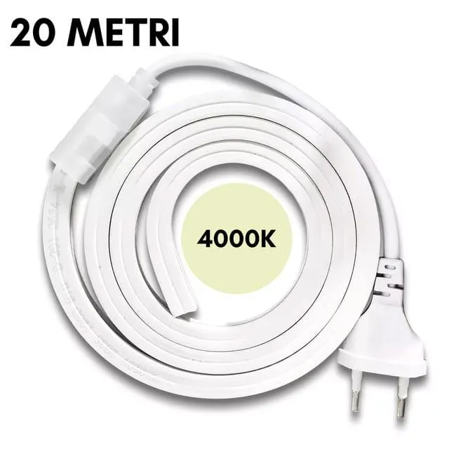 Striscia LED SMD 2835 120D Impermeabile IP65 220V per Profili da 10mm Flessibile Resistente potente per Interni ed Esterni BIANCO NATURALE 4000K 20MT