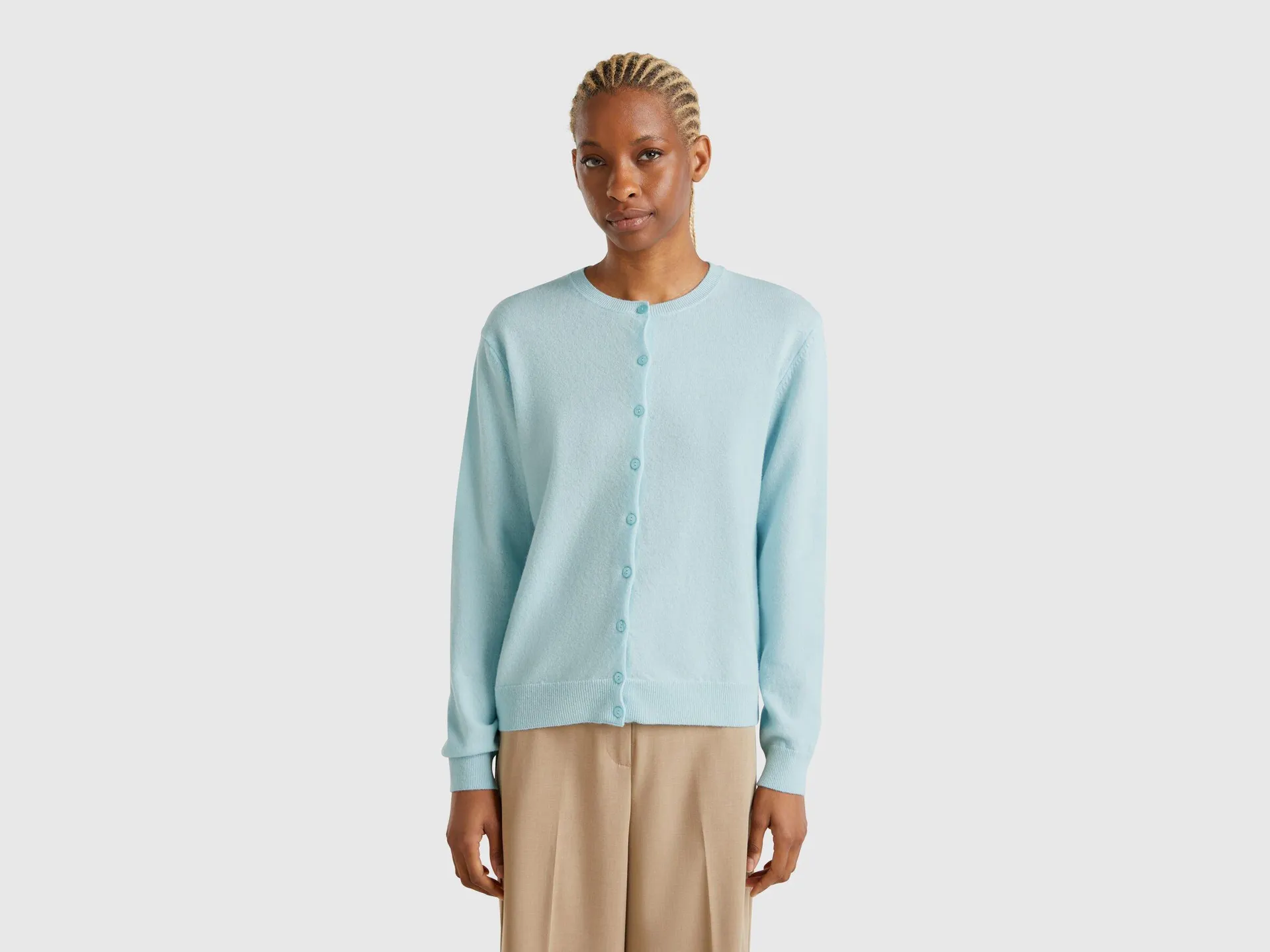 Cardigan girocollo turchese in pura lana Merino