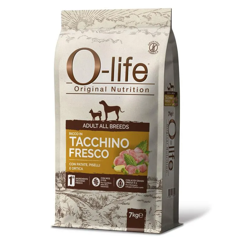 O-life Dog Adult All breeds ricco in Tacchino fresco con patate piselli e ortica 7kg