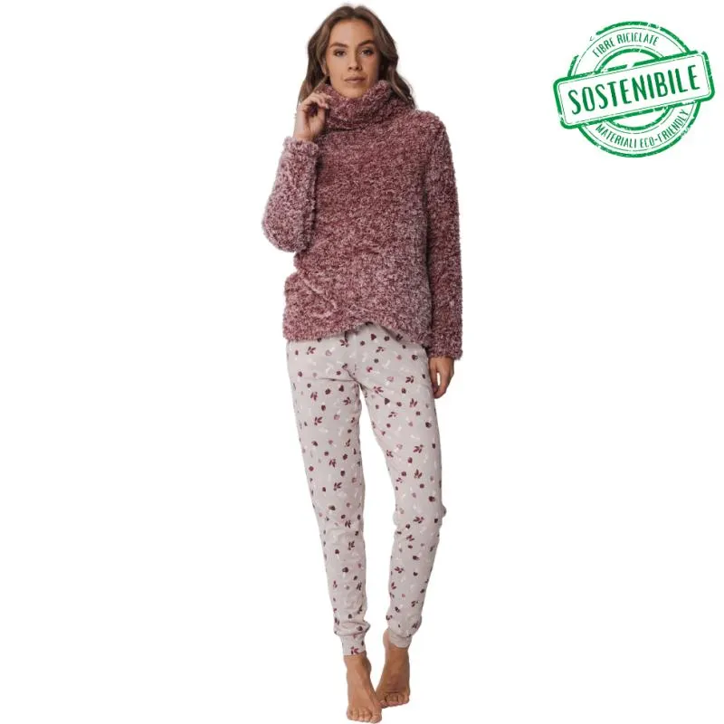 RE-41242-404-2 - Pigiama due pezzi manica lunga in morbido tessuto - Dark red funghetti