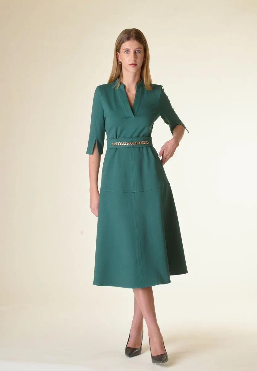 Vestito verde v midi svasato con cintura