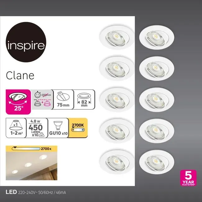 Set da 10 pezzi, faretto da incasso con fonte luminosa orientabile GU10 INSPIRE CLANE CALDO bianco Ø 8.2 cm Luce bianco caldo