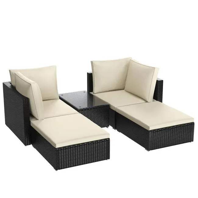 RATTANTREE Set di mobili da giardino in rattan da 5 pezzi, 2 poltrone imbottite e 2 poggiapiedi e 1 tavolino da caffè, giardino, balcone