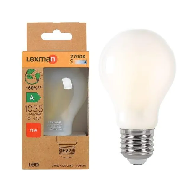 Lampadina LED filamento, E27 goccia, smerigliato, 5W= 1055 LM (equiv 75 W), classe energetica A, LEXMAN