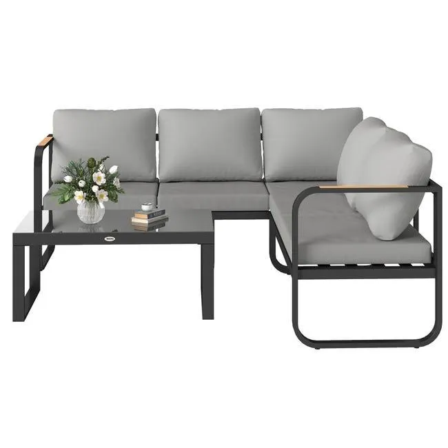 Outsunny Set da Esterno 3 Pezzi con Divano 3 Posti Convertibile, Divano 2 Posti e Tavolino da Esterno, Grigio e Nero