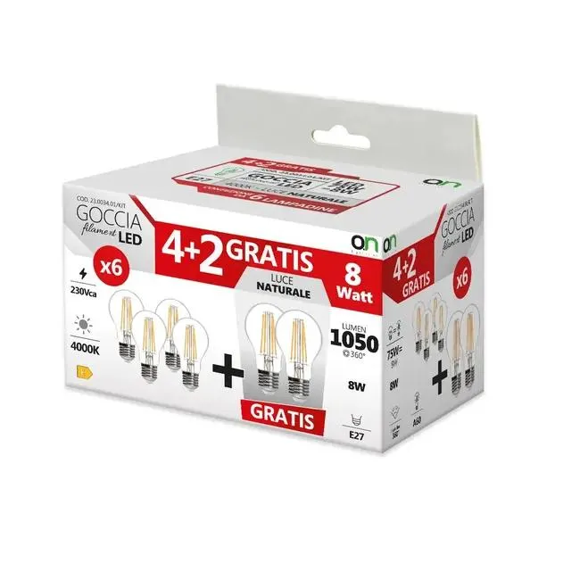 Set da 6 lampadine Goccia Filament Led X6, LED filamento, E27 goccia, trasparente, 8W= (equiv 75 W), 360°