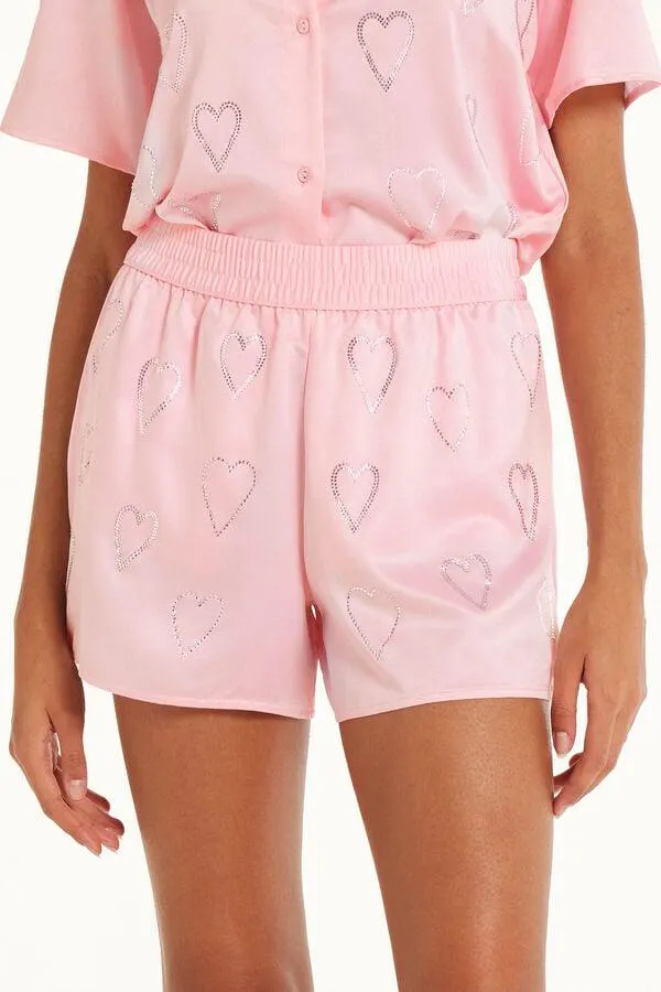 Shorts in Raso con Cuori Strass