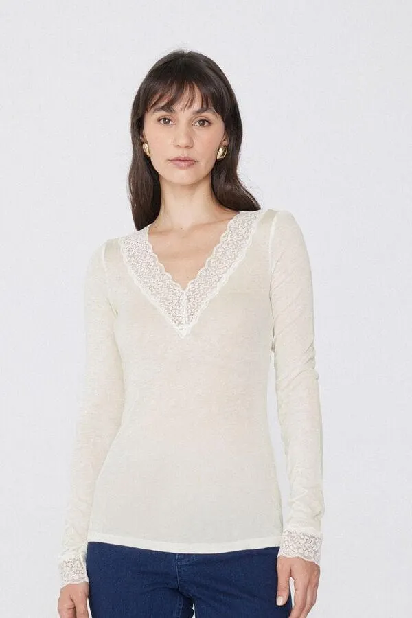 Maglia Maniche Lunghe Scollo V Pizzo/Lana Merino