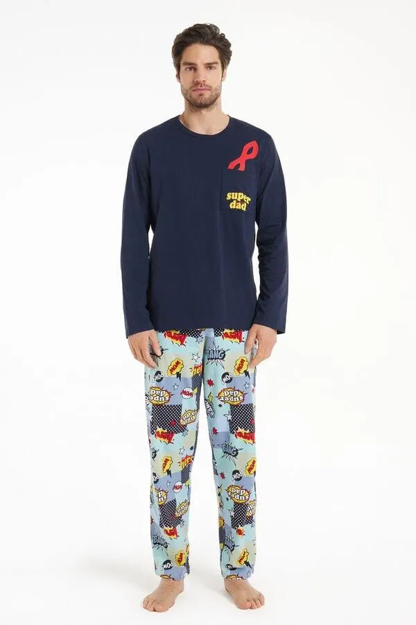 Pigiama Lungo in Cotone Stampa Super Dad