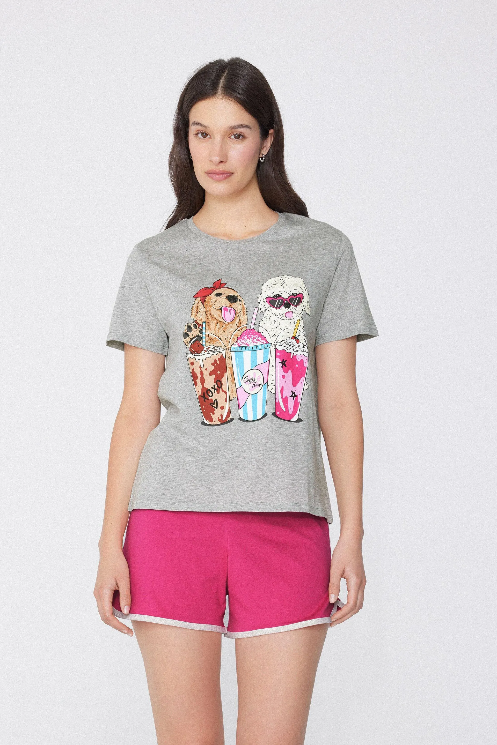 Pigiama Corto in Cotone con Stampa Cani