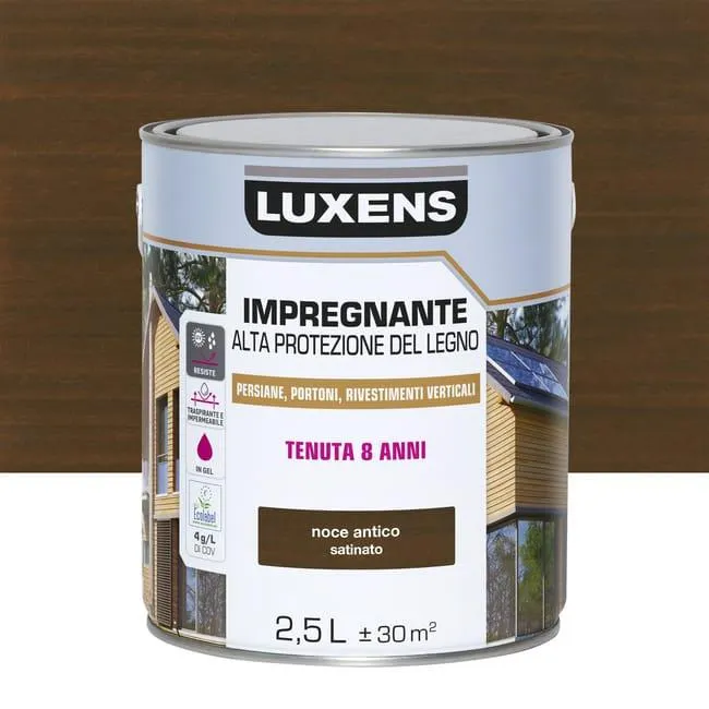 Impregnante per legno da esterno a base acqua LUXENS Alta Protezione noce antico satinato 2.5 lt, 8 anni di protezione.