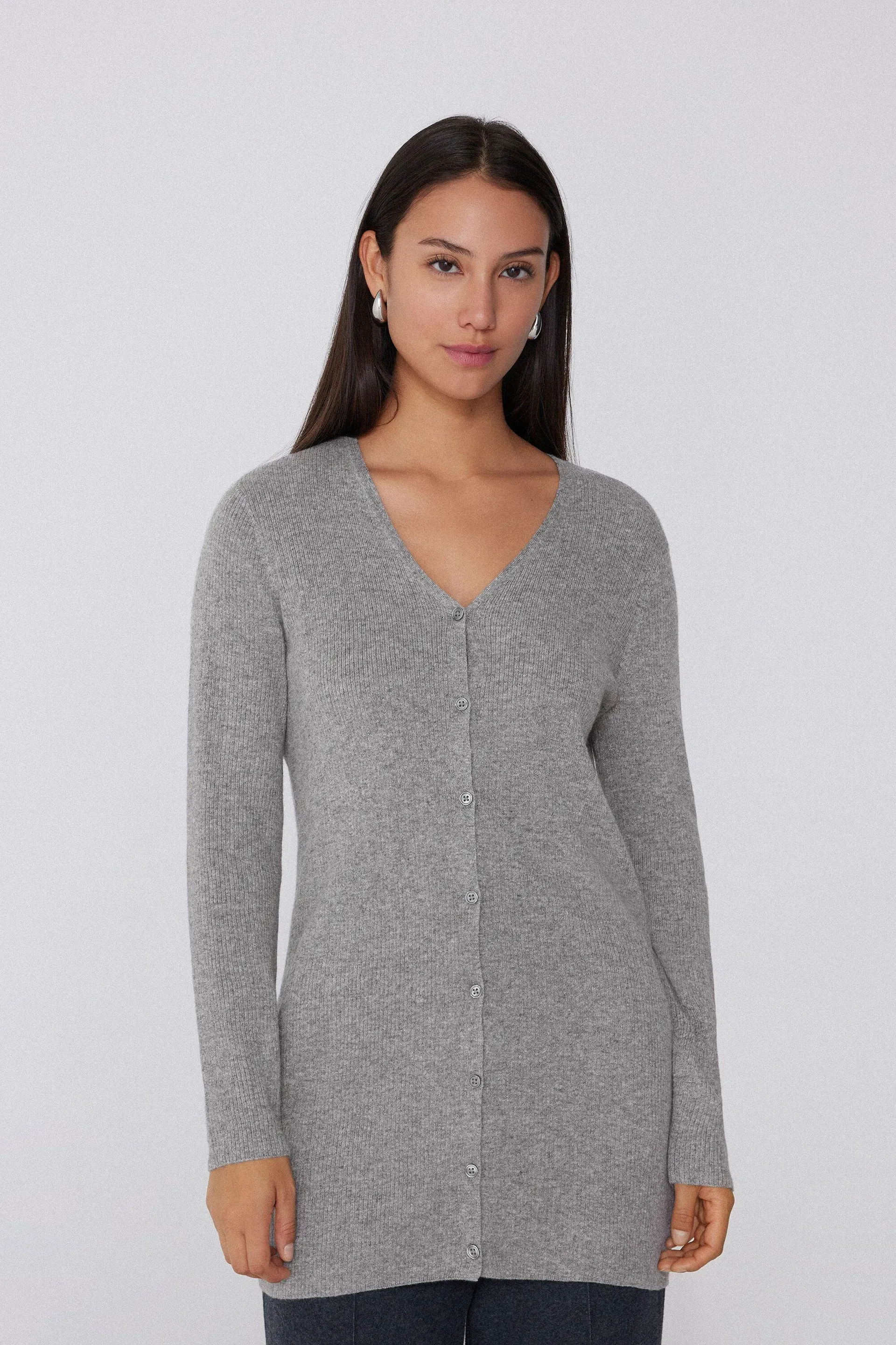 Cardigan Lungo Pesante Costine Scollo V con Lana