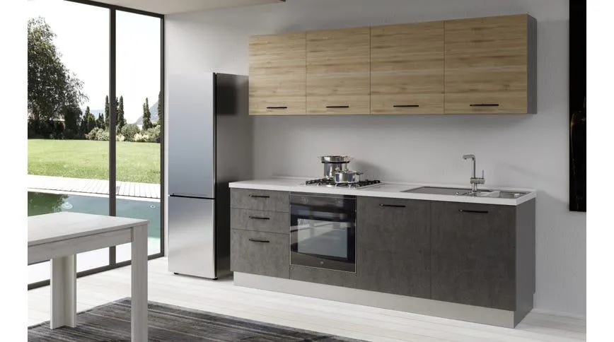 Gilda cucina 240 cm colore cemento scuro e rovere cadiz