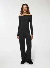 Pantaloni wide leg a coste Nero