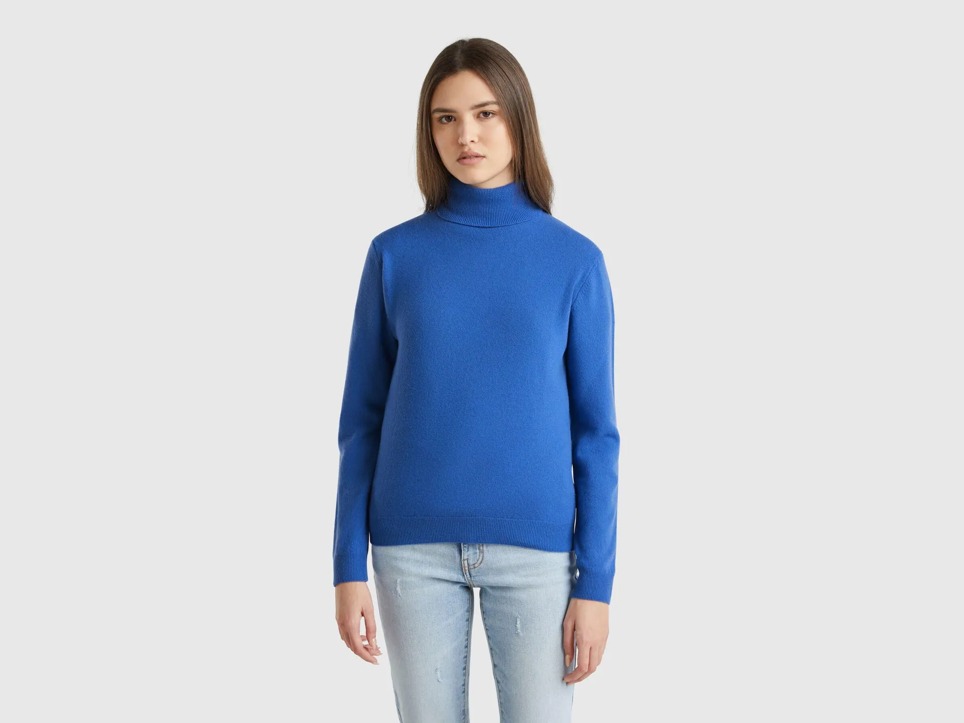 Maglione dolcevita bluette in pura lana Merino