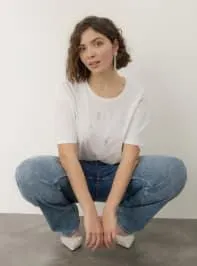 T-shirt tinta unita con strass Bianco ottico